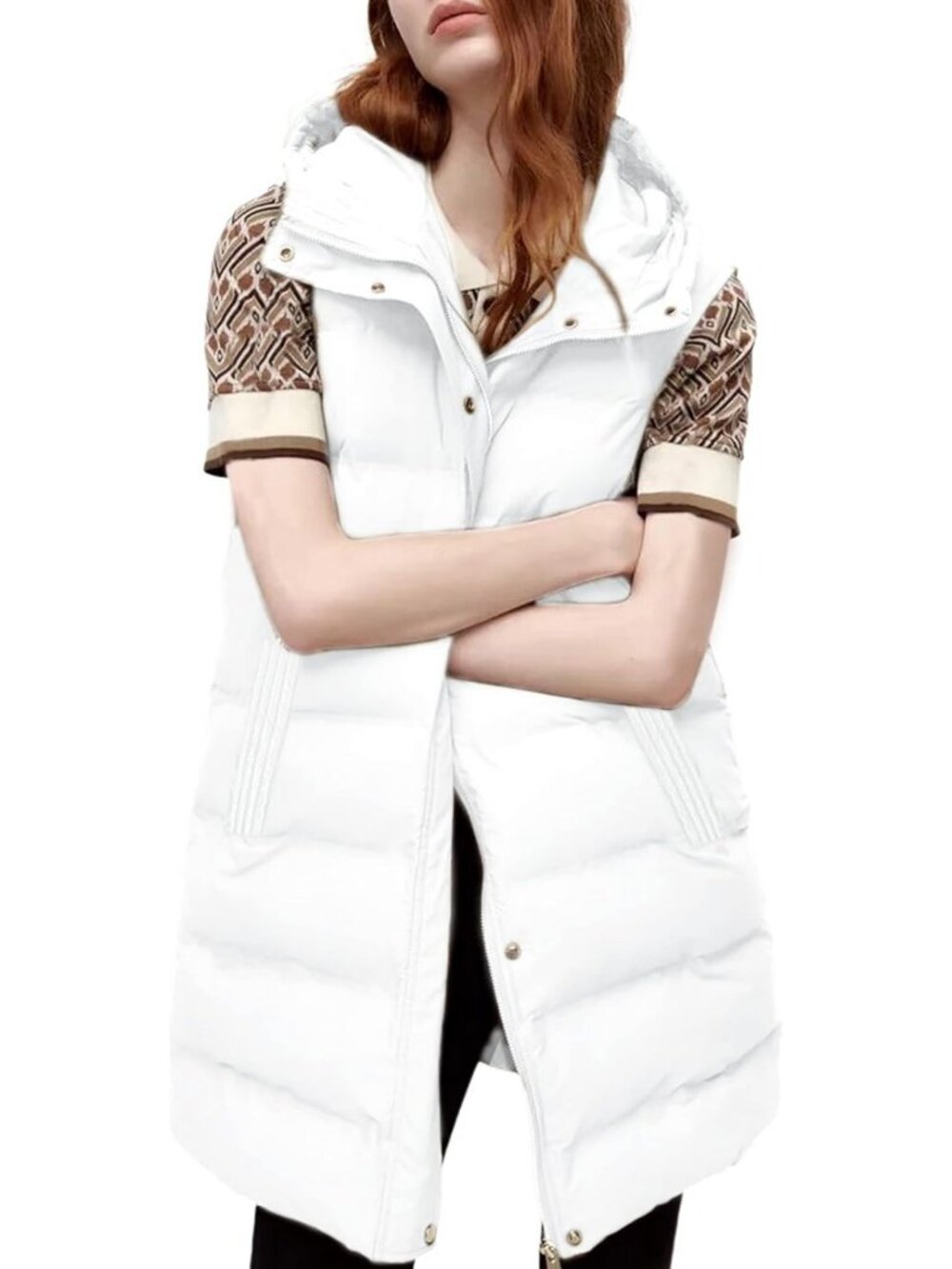 Cozy Tan Long Puffer Vest with Removable Hood for Women - Stylish Winter